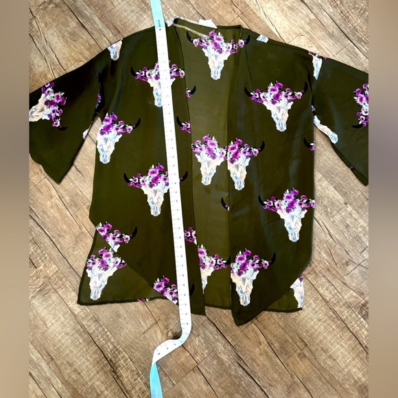 Peach‎ Love Womens Longhorn Cow skull floral kimono boho hunter green size small - Picture 5 of 8